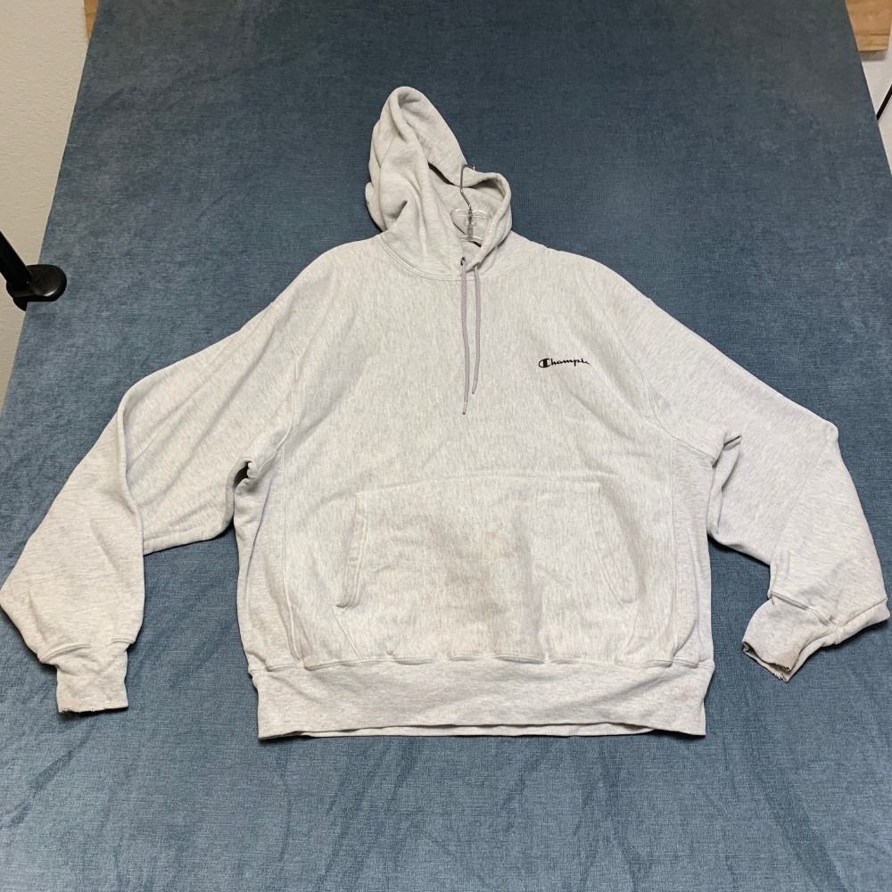 VTG Champion Hoodie Men XL Heathered Gray Embroidered Kangaroo Pockets Lined